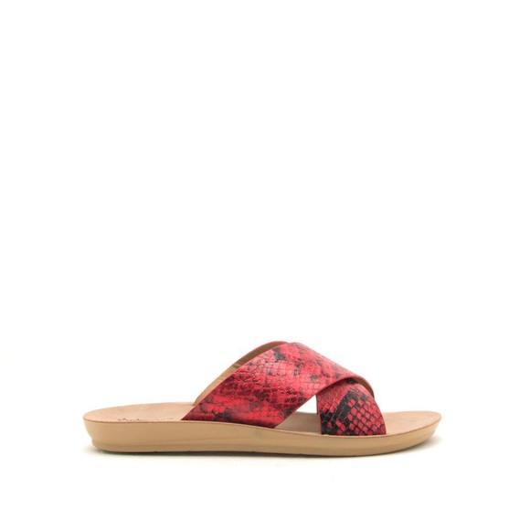 Red Snakeskin Print Sandals Flat Slide Criss Cross Slip On - Picture 6 of 8